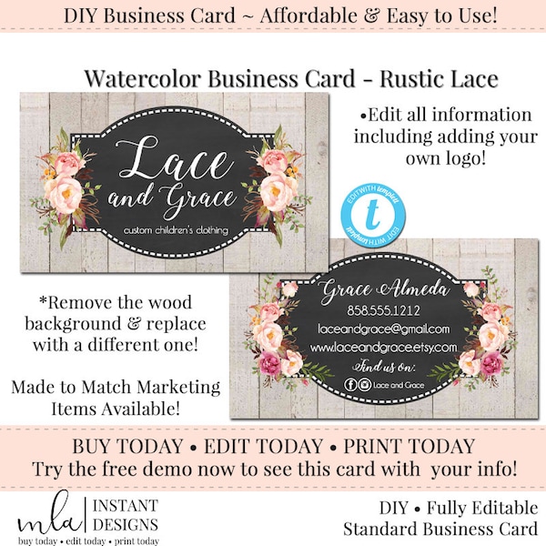 Editable Business Card, DIY Business Card, Business Card Template, Watercolor Business Card, DIY Template, Instant Download, Rustic Romance