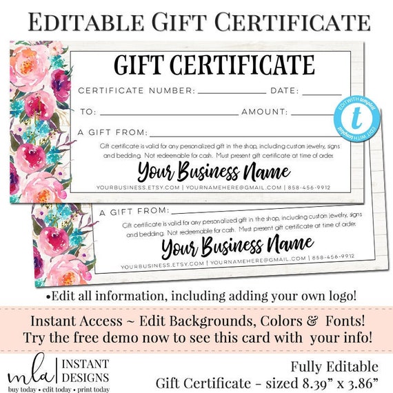 Gift Certificate Template DIY Gift Certificate Store Etsy