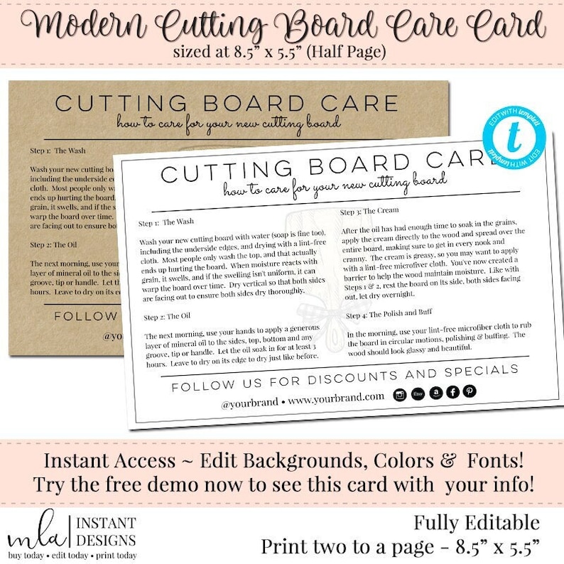 Cutting Board Care Instructions Wood Board Care Insert DIY Etsy