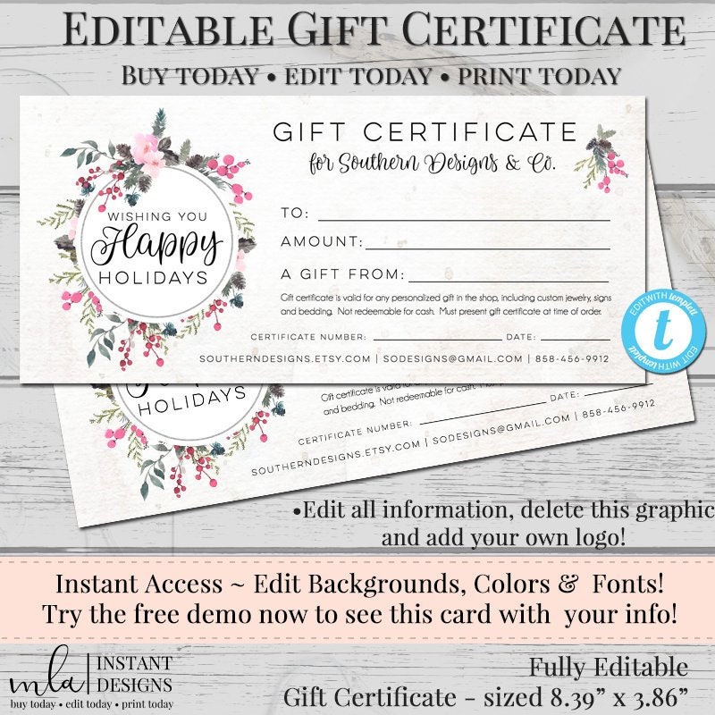 Editable Gift Certificate Template Diy Gift Certificate Etsy