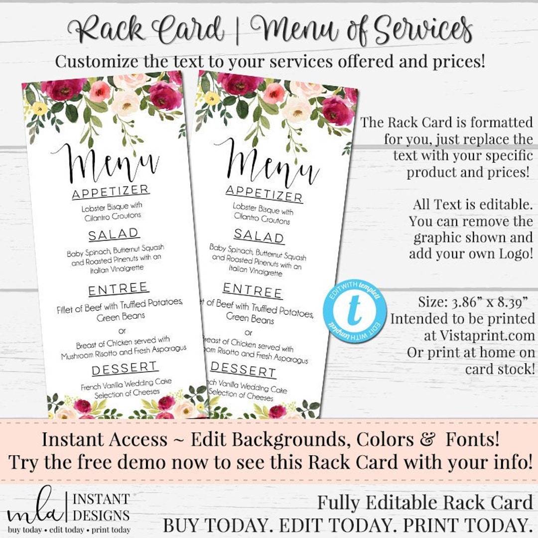 Editable Rack Card, DIY Rack Card, Customizable Rack Card, DIY Menu ...