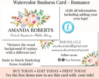 Editable Business Card, DIY Business Card, Business Card Template, Watercolor Business Card, DIY Template, Instant Download, Rustic Weddings