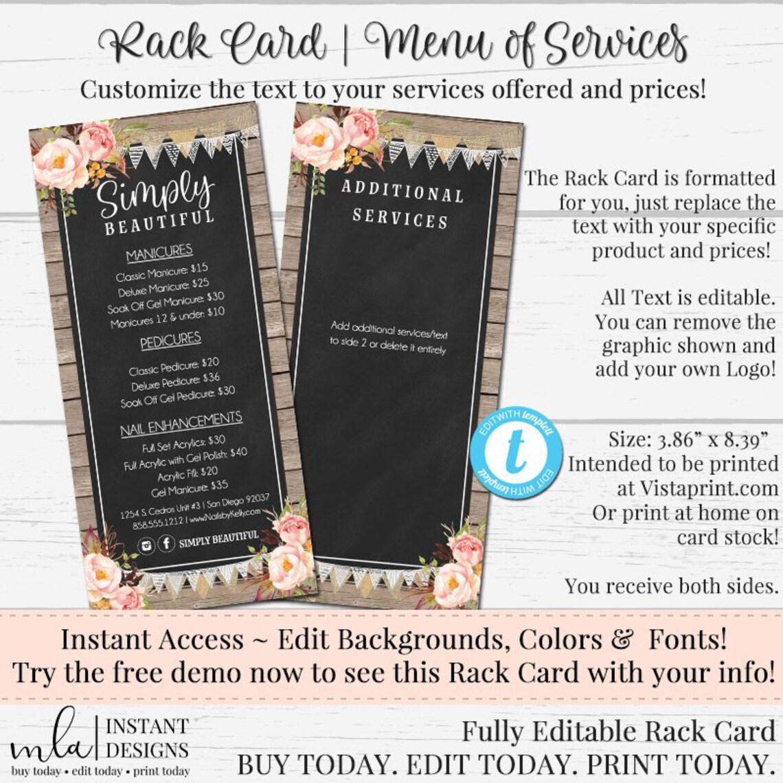 Editable Rack Card, DIY Rack Card, Customizable Rack Card, DIY Menu ...