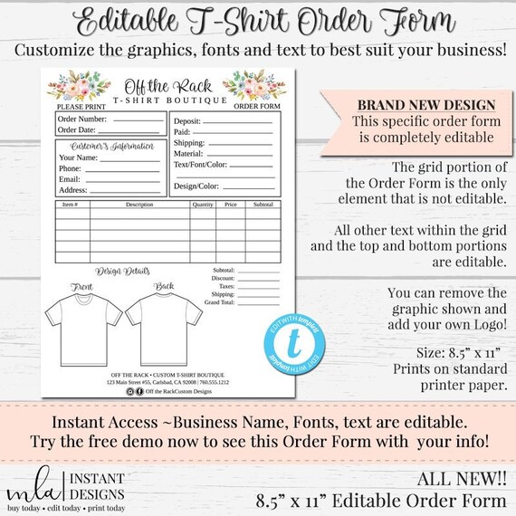 t-shirt business order form