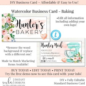 Editable Business Card, DIY Business Card, Business Card Template, Watercolor Business Card, DIY Template, Instant Download, Bakery, Cookie