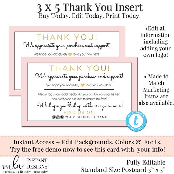 thank you postcard package insert thank you shop small editable postcard diy thank you editable thank you order insert 3 x 5 thank you post card