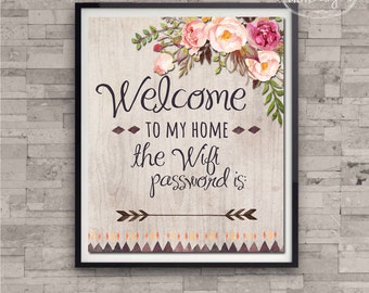 Wifi Password Art Print  - Welcome to My Home Wifi Print, Home Decor Poster Rustic Boho Floral Art, 8 x 10 Print