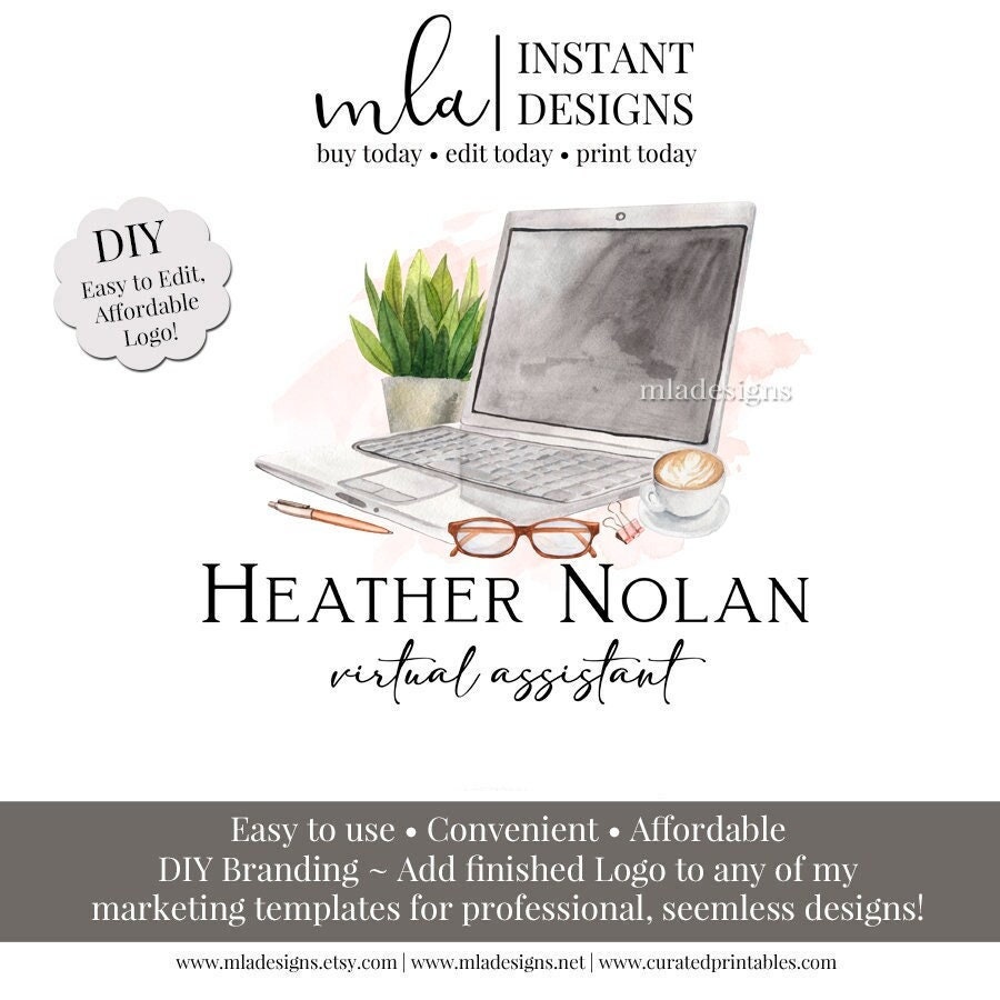 Virtual Assistant Logo, DIY Copywriter Logo, VA Logo, Writing Assistant Logo, Laptop Logo, Computer Logo, Editable Logo, DIY Logo Template