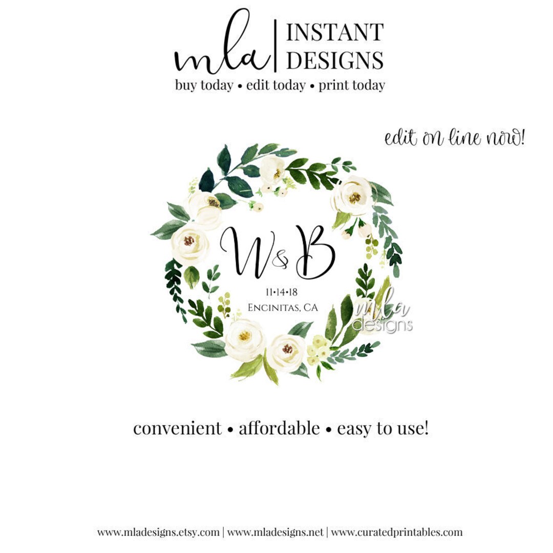 Editable Logo Template, DIY Wedding Logo, Wreath Logo, Monogram Logo ...