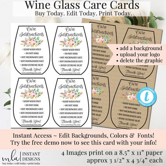 Wine Glass Care Card Package Insert How To Wash Editable Etsy