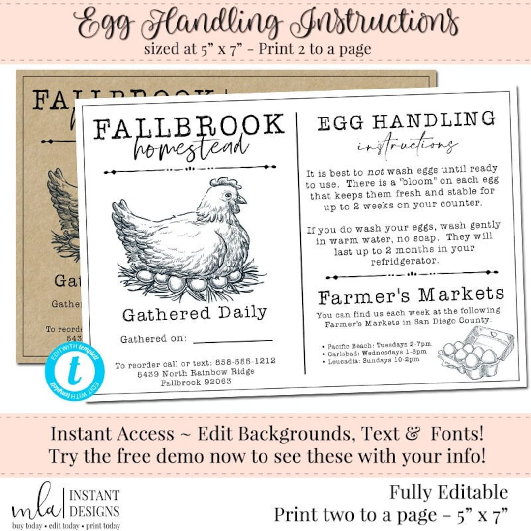 Egg Handling Instructions, Editable Egg Carton Label, Farmers Market