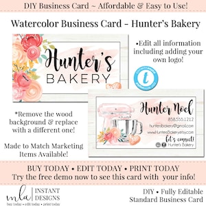 Editable Business Card, DIY Business Card, Business Card Template, Watercolor Business Card, DIY Template, Instant Download, Bakery, Cookie