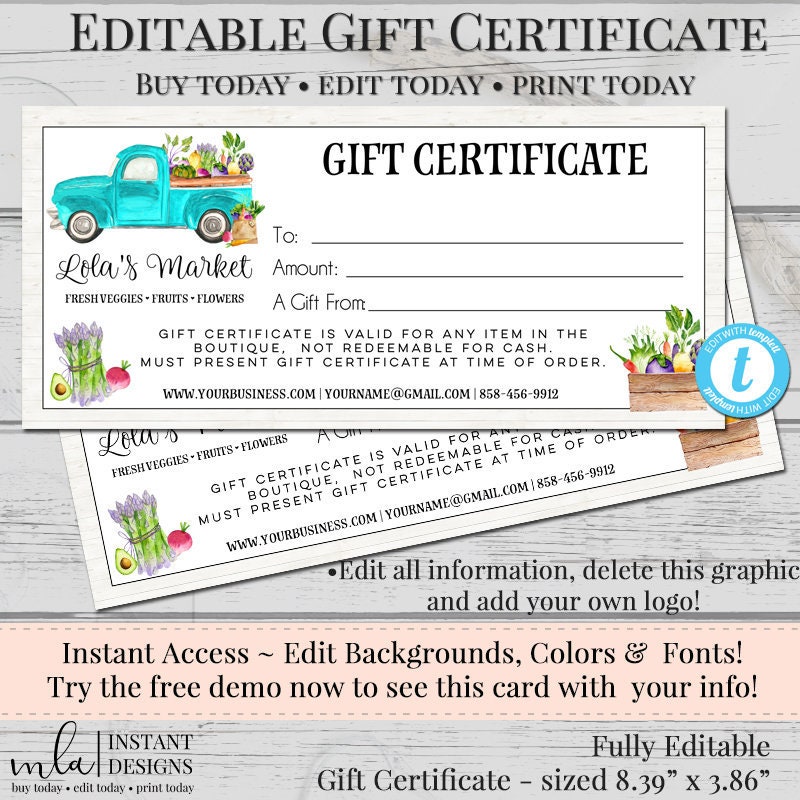 Editable Gift Certificate Template, DIY Gift Certificate, Store Voucher, Printable Gift, Gift Certificate, Blank Certificate, Farmers Market