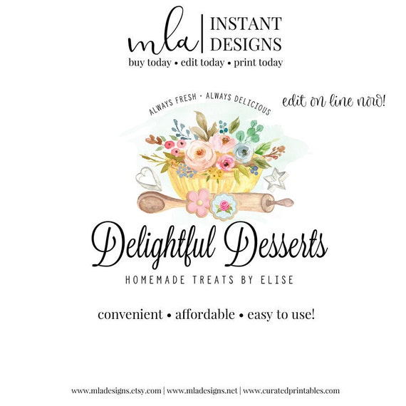 Diy Baking Logo Template Diy Rolling Pin Logo Watercolor Etsy