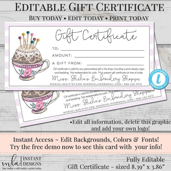 Editable Gift Certificate Template Diy Gift Certificate Store Voucher Printable Gift Cert Gift Certificate Blank Certificate Diy