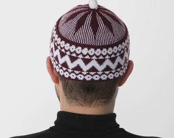 Zigzag Haji Wool Men Cap Beanie Islamic Prayer Hat Topi Kufi with White Ball