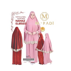 May include: A prayer dress set in dusty pink and deep red, featuring a long-sleeved top with lace trim and a matching skirt. The text reads Sufle Namaz Hijablı Güpürlü Model NAMAZ ELBİSESİ, M MARADI, and BEST QUALITY. Includes a barcode and logo.