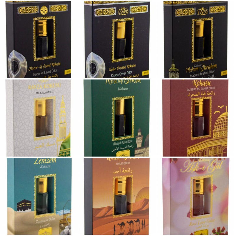 May include: Assortment of small, rectangular boxes with gold trim, each containing a small bottle of perfume. The boxes feature images of Islamic religious sites and Arabic text. The text on the boxes includes the names of the perfumes, such as "Hacer-el Esved Kokusa" and "Zemzem Kokum".