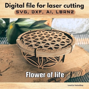 以下が含まれることがあります： レーザーカットされた木製のボウルで、フラワーオブライフのデザインです。ボウルは明るい色の木材で作られており、複雑な幾何学模様が特徴です。「Digital file for laser cutting」と「Flower of life」の文字が見えます。