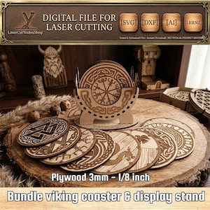 Viking Coaster Bundle with Display Stand – 17 Norse Designs for Laser Cutting