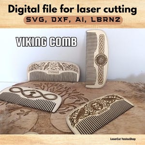 May include: Four wooden Viking combs with detailed engraved patterns, such as a serpent, birds, and knotwork. The combs are presented on a wooden surface. The image includes the text "Digital file for laser cutting" and "VIKING COMB".