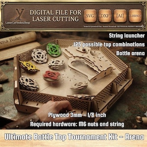 May include: A laser-cut plywood battle arena kit featuring a string launcher and multiple spinning tops. The digital file set includes SVG, DXF, AI, and LBRN2 formats. The design requires 3mm or 1/8 inch plywood, M6 nuts, and string for assembly.