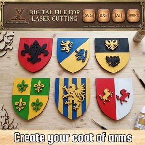 Op de afbeelding: Zes houten wapenschilden in verschillende kleuren, waaronder rood, blauw, geel, groen en wit. Elk schild heeft een ander heraldisch ontwerp, zoals fleur-de-lis, leeuwen en adelaars. De tekst "DIGITAL FILE FOR LASER CUTTING" en "Create your coat of arms" zijn zichtbaar.