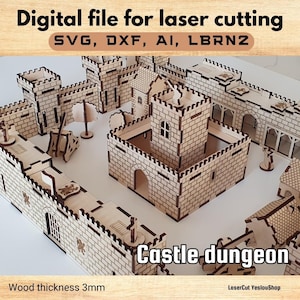 Castelo de arquivo de corte a laser, incluindo uma masmorra, torres e baluarte, casas e um moinho