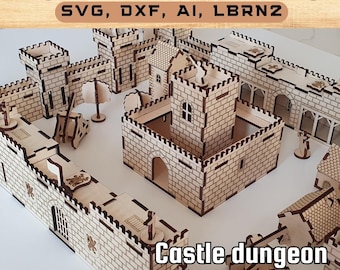 Modular laser cutting file castle including a dungeon, towers and bulwark, houses and a mill.