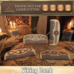 May include: Four intricately carved wooden Viking combs with various designs, including knotwork and runes. The combs are light brown and displayed on a wooden surface. The image includes text that reads "DIGITAL FILE FOR LASER CUTTING" and "Viking Comb".