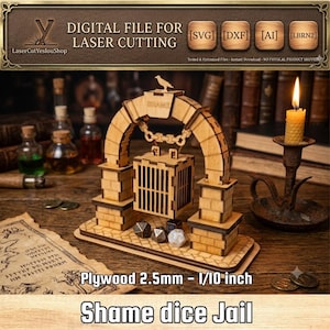 Puede incluir: Modelo de madera para corte láser de una "Shame dice Jail". El modelo presenta una celda de prisión dentro de un arco, coronada por un pájaro. El texto "DIGITAL FILE FOR LASER CUTTING" es visible. Fabricado en contrachapado de 2,5 mm, aprox. 0,25 cm.