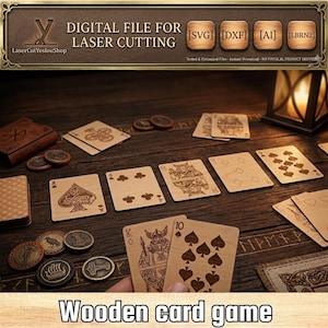 May include: A digital file for laser cutting a wooden card game featuring engraved playing cards and circular tokens with intricate designs. The set includes various suits and face cards with detailed illustrations, presented as a downloadable SVG, DXF, AI, and LBRN2 file format for crafting projects.