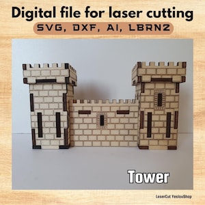 Peut inclure: Modèle de tour de château en bois découpé au laser. Le modèle est en bois clair avec des accents marron foncé. Le texte "Digital file for laser cutting" est en haut et "Tower" en bas. Conçu pour la découpe laser.