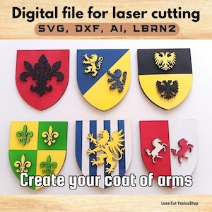 Può includere: Una collezione di stemmi tagliati al laser in vari colori e motivi. L'immagine include scudi con gigli, leoni e aquile. Il testo in alto recita "File digitale per taglio laser" e "Crea il tuo stemma" in basso.
