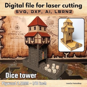 May include: A dice tower made from plywood, with a medieval castle design. The tower has a red roof, stone walls, and a dice tray. The text "Digital file for laser cutting" and "Dice tower" are visible. The plywood is 1/10 inch thick.