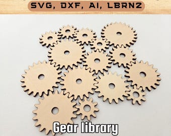 Puede incluir: Un conjunto de engranajes de madera para corte láser. Los engranajes varían en tamaño y tienen un agujero circular en el centro. El texto "Digital file for laser cutting" y "Gear library" son visibles.