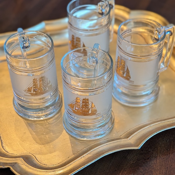 7Os Vintage Culver Glass Clipper Ship Beer Mugs - Set/4