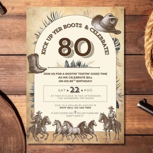 Invitation de fête d'anniversaire des 80 ans pour homme, ranch de rodéo de cow-boy western bohème rétro, téléchargement modifiable personnalisé personnalisé, 50e, 60e, 70e tout âge