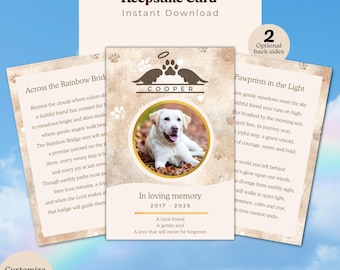 May include: Pet memorial keepsake card featuring a dog named Cooper. The card includes text about the Rainbow Bridge and paw prints. The card is customizable in Canva.