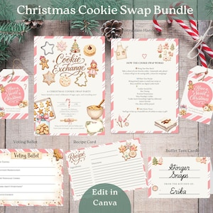 以下が含まれることがあります： クリスマス クッキー スワップ バンドル。レシピカード、投票用紙、ビュッフェテントカード、ギフトタグなど。ジンジャーブレッドマン、クッキー、キャンディケーンがピンクと白のストライプの背景にデザインされています。