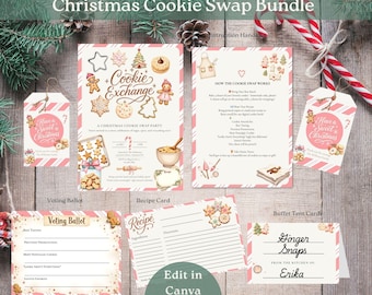 May include: A Christmas Cookie Swap Bundle with various stationery items. Includes a recipe card, voting ballot, buffet tent cards, and gift tags. The design features gingerbread men, cookies, and candy canes on a pink and white striped background.