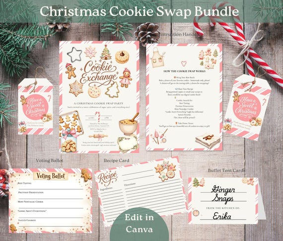 Christmas Cookie Exchange Party Bundle, Complete Kit for Group Cookie Swap, Holiday Get Together for Friends or Churches, Editable Download
