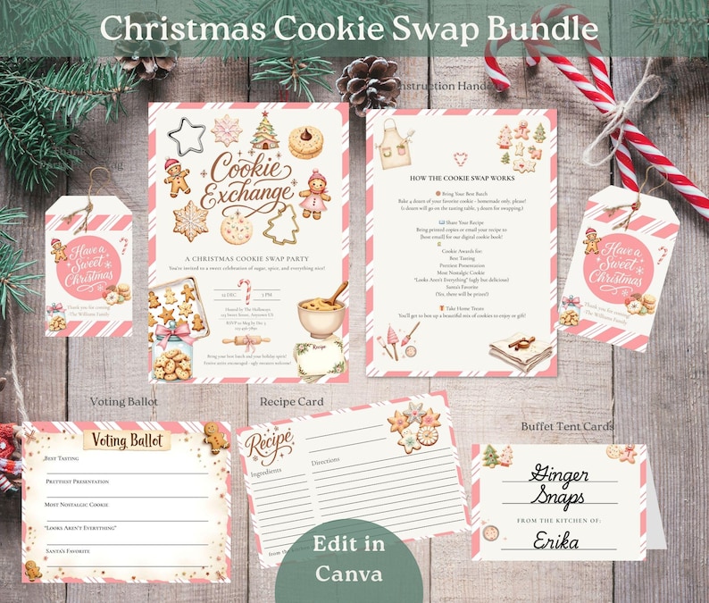 May include: A Christmas Cookie Swap Bundle with various stationery items. Includes a recipe card, voting ballot, buffet tent cards, and gift tags. The design features gingerbread men, cookies, and candy canes on a pink and white striped background.
