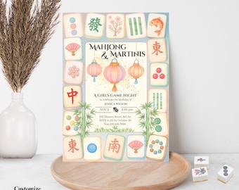 Mahjong & Martinis Birthday Party Game Night Invitation | Girls Night Invite | Watercolor Tile Theme | Editable Template | Instant Download