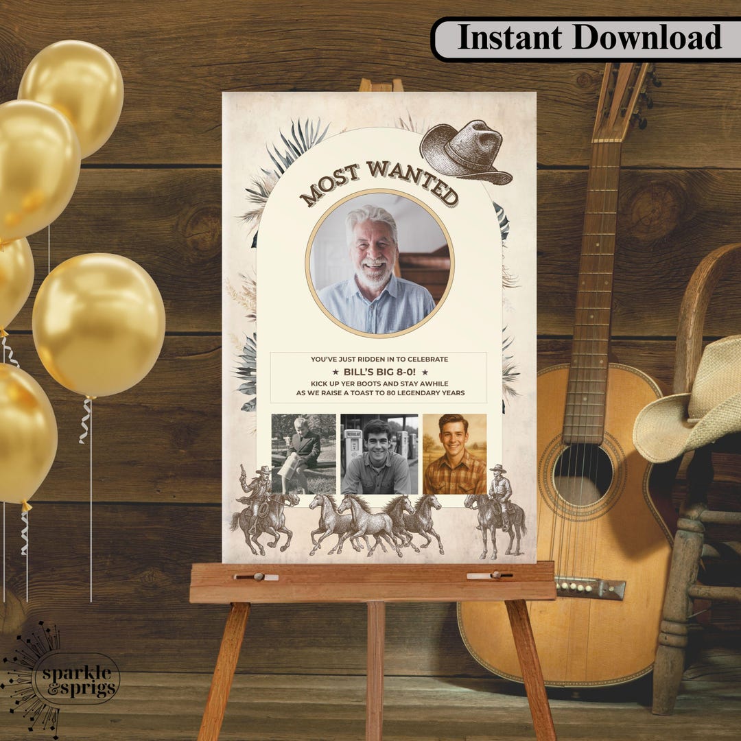 80th Birthday Party Welcome Sign for Men, Retro Boho Western Cowboy ...