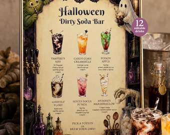 Halloween-Getränkekarte für die „Dirty Soda“-Bar, bearbeitbare Canva-Vorlage, gruselige Party-Vorlage zum Ausdrucken, Rezepte, Einkaufsliste und Tipps, digitaler Download