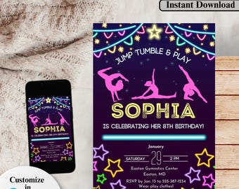 May include: A neon pink, blue, and yellow birthday invitation for a girl named Sophia. The invitation features a silhouette of a girl doing a gymnastics pose. The text reads "Jump Tumble & Play Sophia is celebrating her 8th birthday!" The invitation also includes the date, time, and location of the party.
