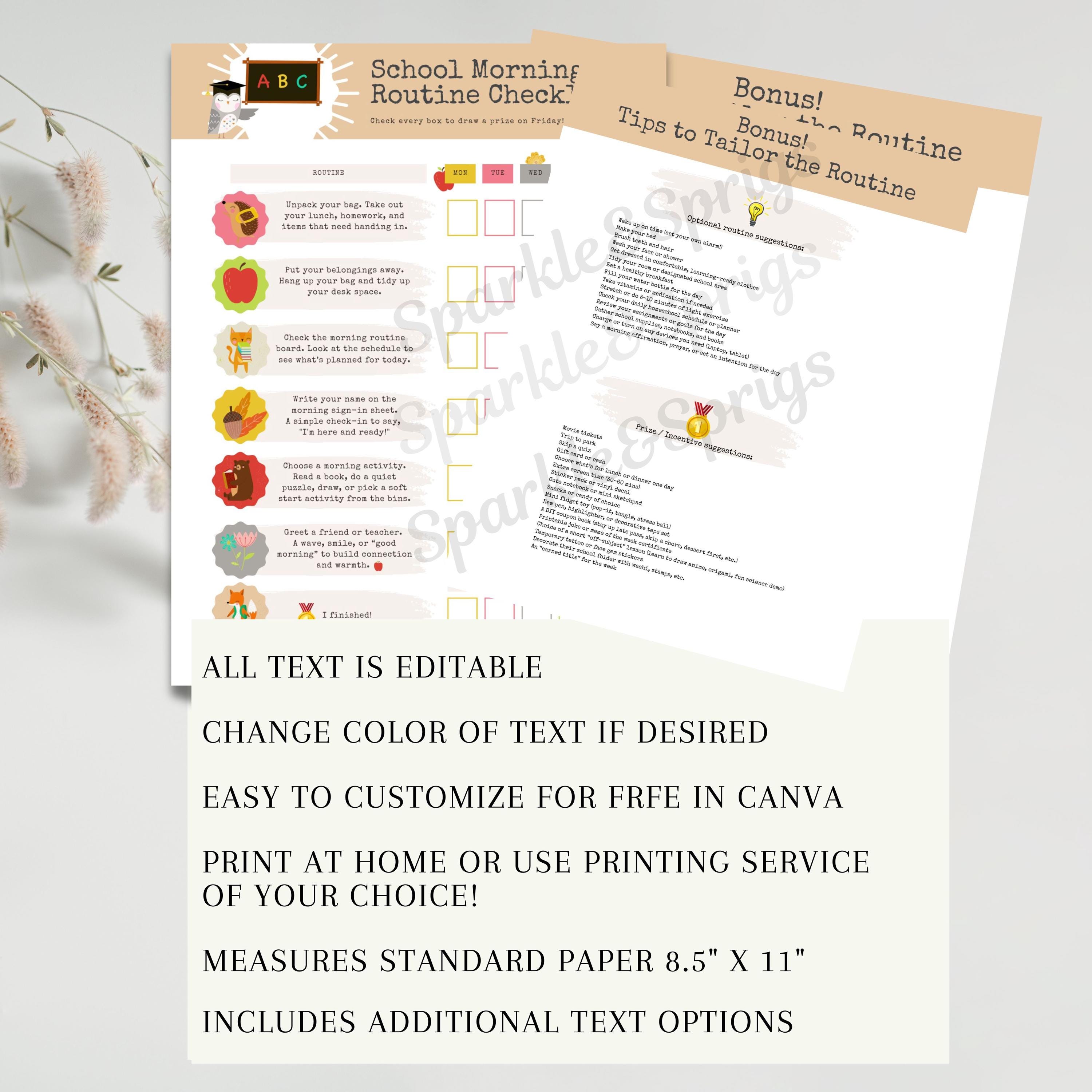 School Morning Routine Checklist Challenge Reward Chart for Elementary ...