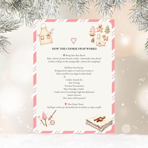 May include: A festive pink and white cookie swap invitation with watercolor illustrations of cookies, an apron, and baking tools. The text reads "How the Cookie Swap Works" with instructions for participation and award categories.