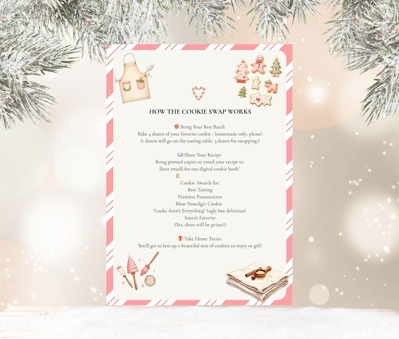 May include: A festive pink and white cookie swap invitation with watercolor illustrations of cookies, an apron, and baking tools. The text reads "How the Cookie Swap Works" with instructions for participation and award categories.